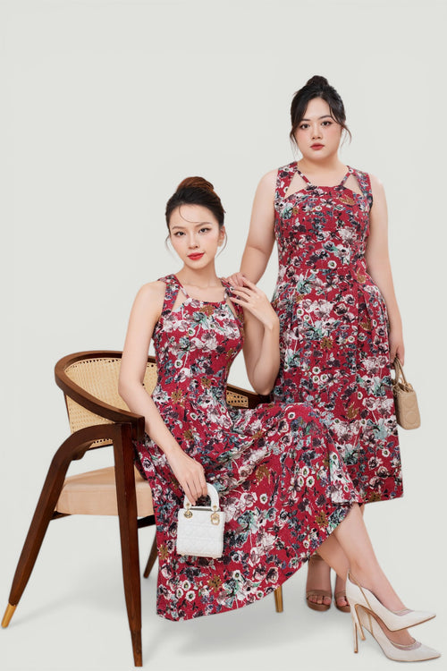 Floral Linen Flare Midi Dress