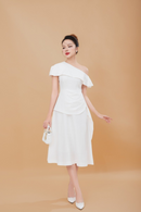 Tailored Off-Shoulder Flared Midi Dress