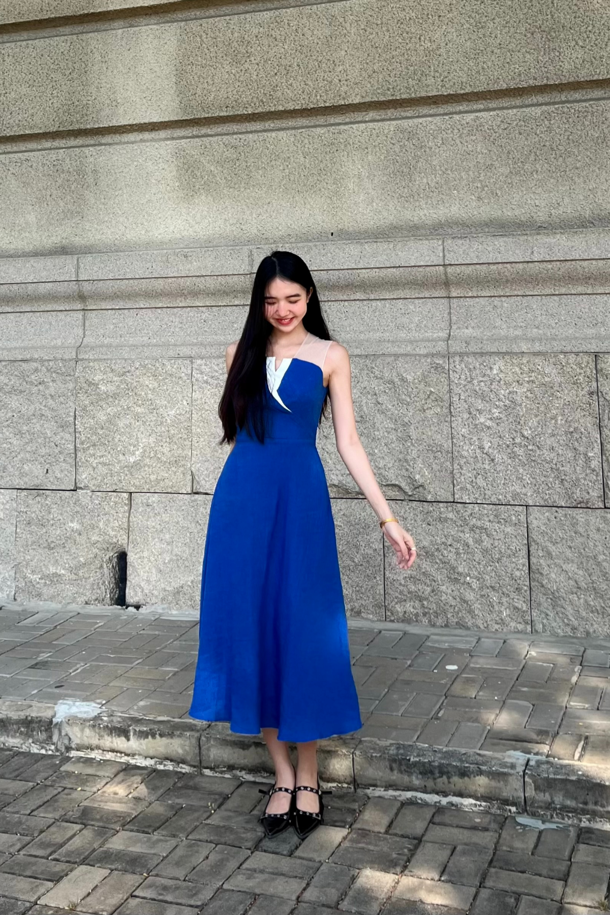 100% Korean Linen Midi Dress with Pocket | Cobalt Blue S3XL | JEN HO