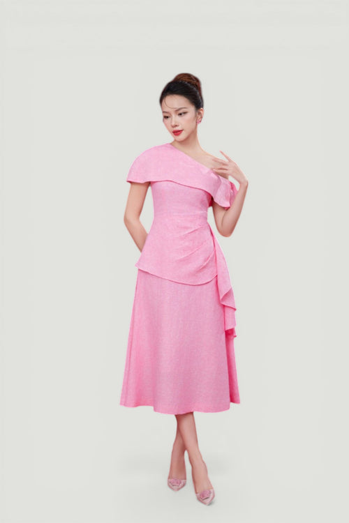 Tailored Off-Shoulder Flared Midi Dress