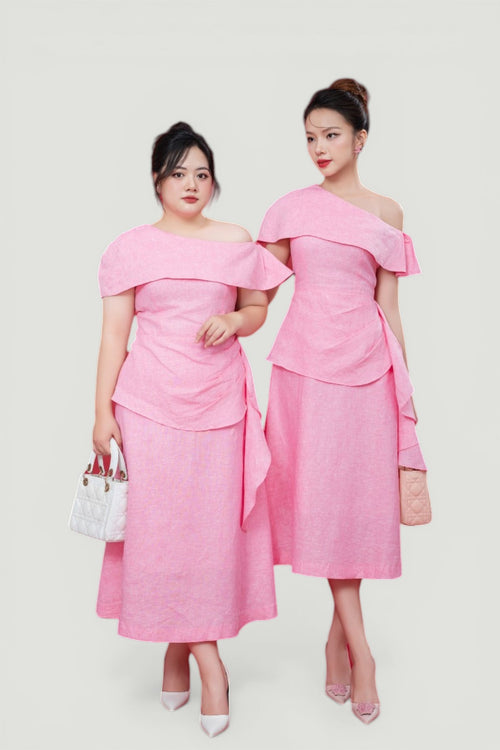 Tailored Off-Shoulder Flared Midi Dress