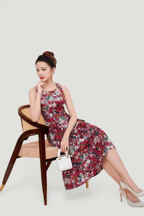 Floral Linen Flare Midi Dress